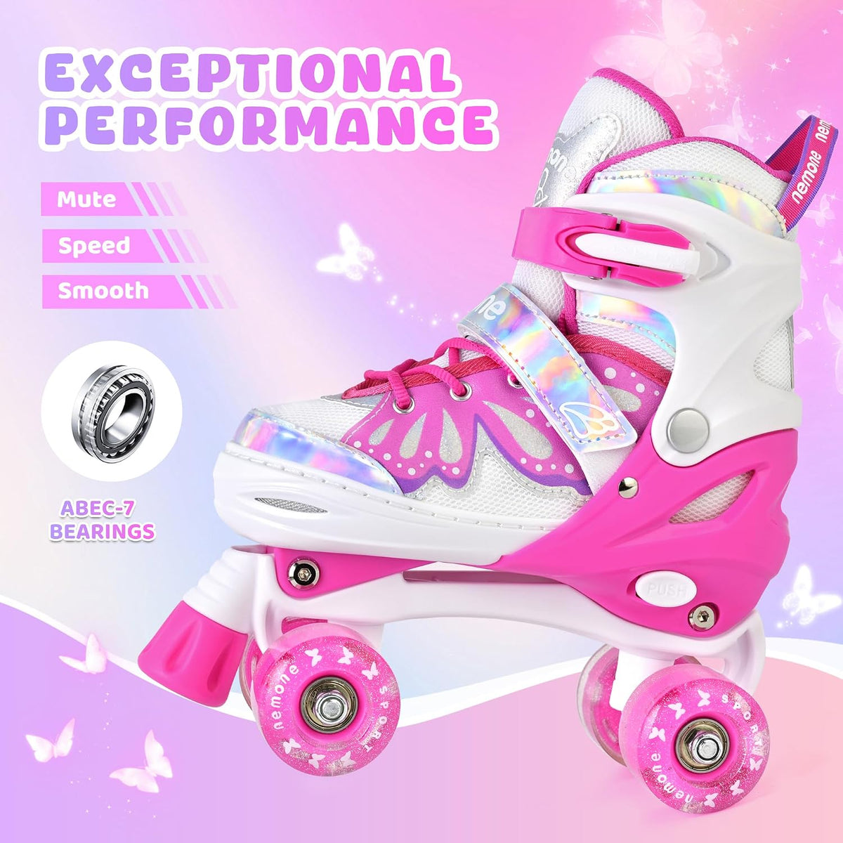 NEMONE Mermaid Adjustable Light up Roller Skates for Girls Boys – Fun for Kids & Family - G- Candy Butterfly / Small - Little Kid - image 4