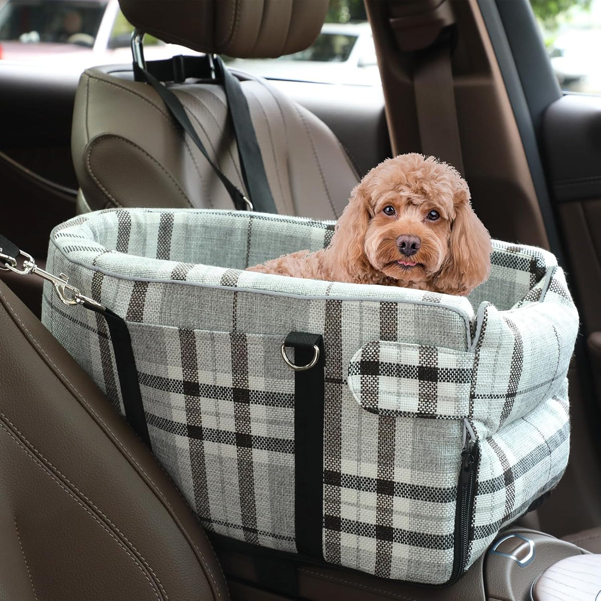 Dog Car Seat for Small Dogs, Center Console Seat for Puppy - Grid Grey
