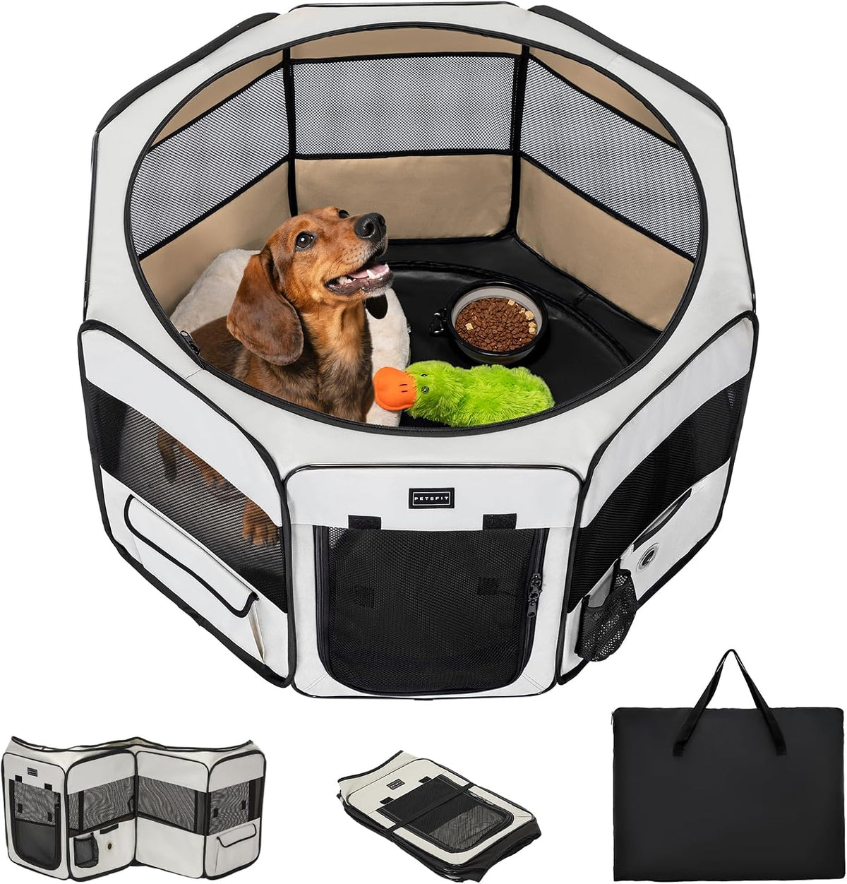 PETSFIT Portable Dog Playpen 36", Removable Waterproof Mat - Grey / Medium (36"x36"x21")