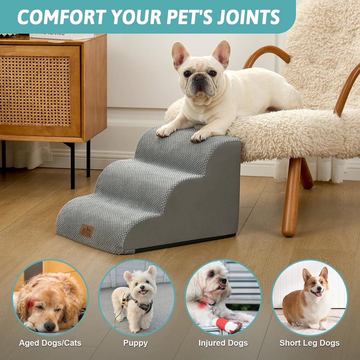 COZY KISS Dog Stairs for Small Dogs - Gray / 3 / 15.7x19.7x13 inch - image 3