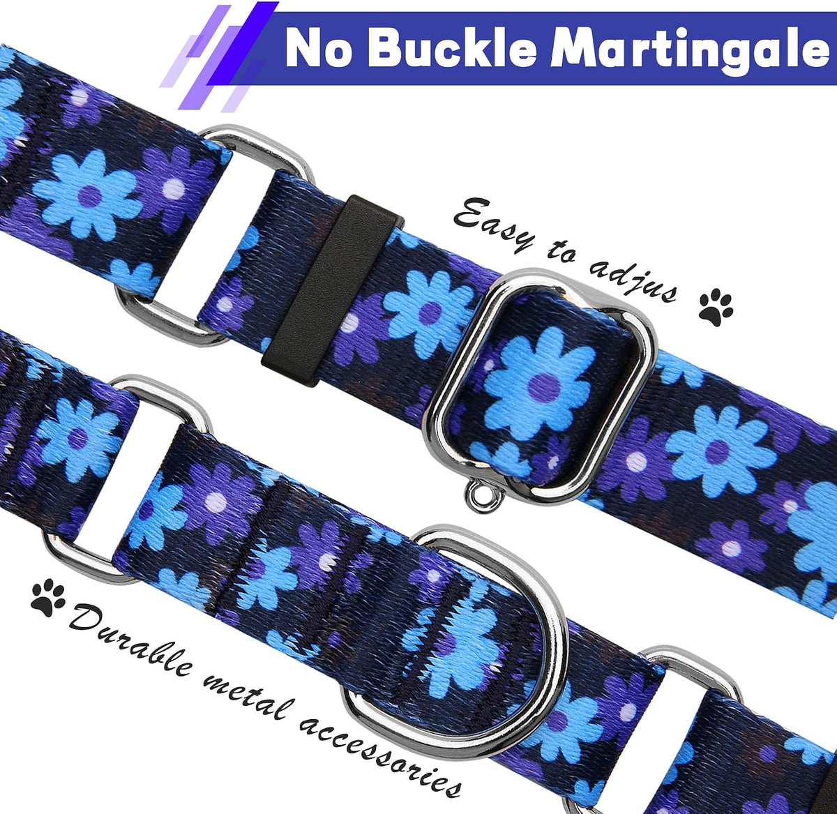 Hikiko Martingale Dog Collar Without Buckle - Navy Blue Flower / Medium - image 2