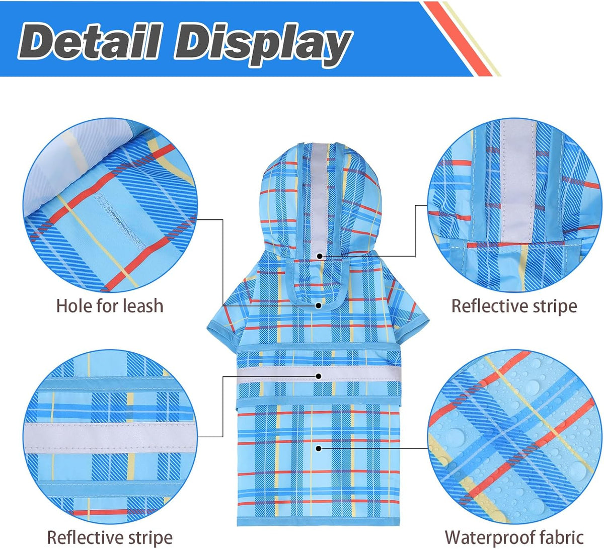 Dog Raincoat Hooded Slicker Poncho with Leash Hole - S:10-15lbs / Plaid Blue - image 2