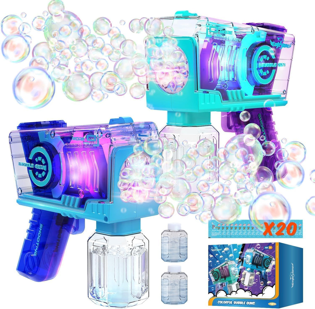 EagleStone Bubble Machine Guns 2 Packs with 2 Solutions 20 Concentrate – Fun for Kids & Family - Blue,purple
