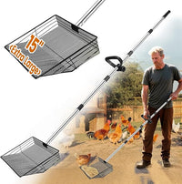 15 inch Extra Large Chicken Poop Scooper with Ergonomic Grip,5-in-1 Heavy Duty Adjustable Coop Scoop for Poop (24 to 68"), Stainless Steel Sifting Litter Shovel Scoop for Chicken Coop