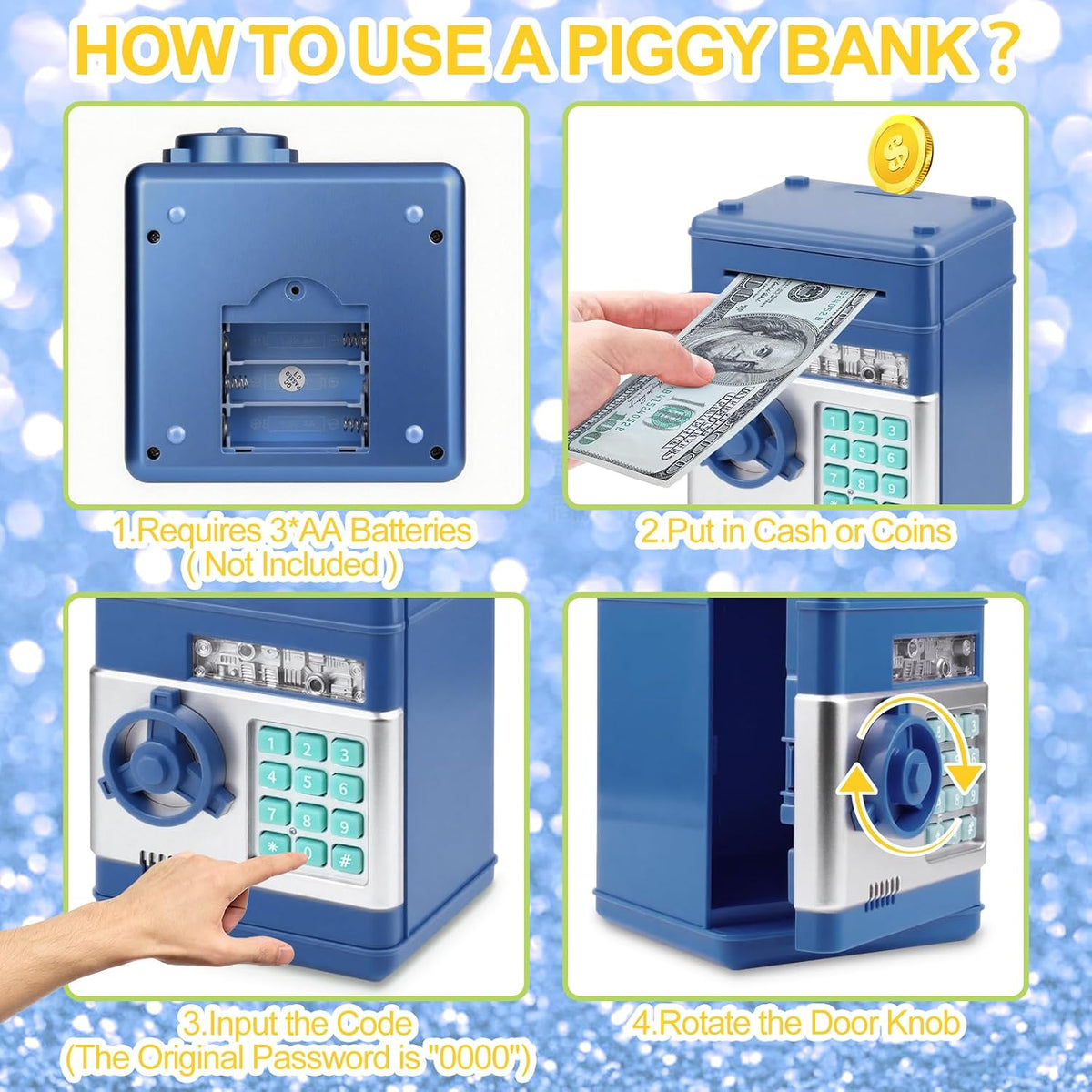 Piggy Bank for Kids Girls Boys with Password Code Lock Cash Coin Can - Dark Blue Without Sitcker - image 4