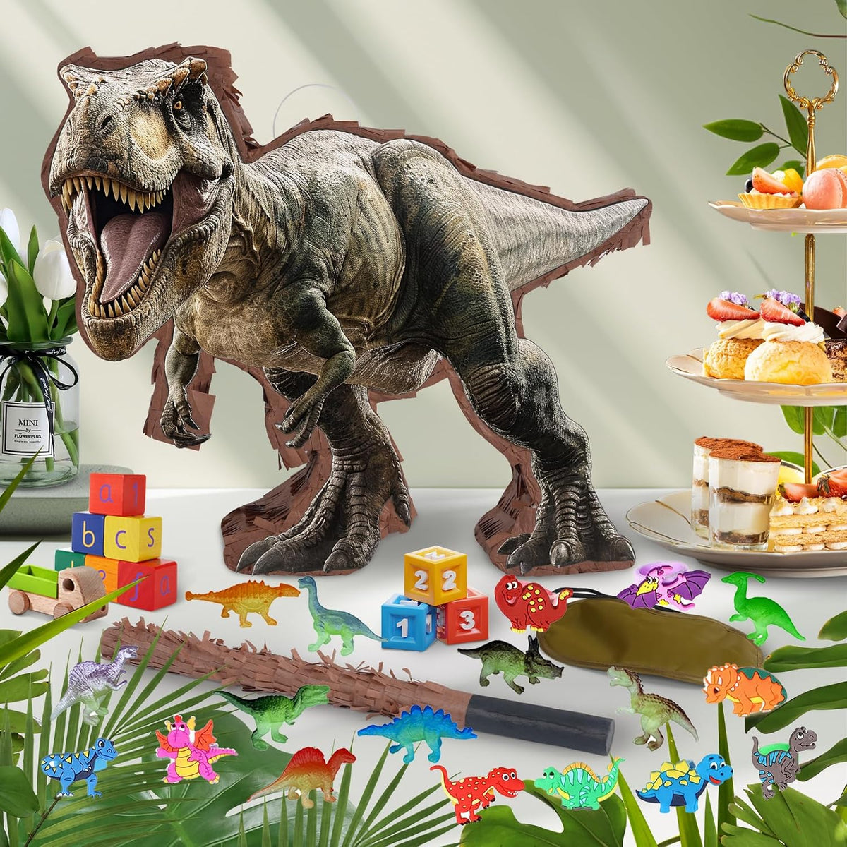 Princess Castle Pinata - Pink Castle Pinata with Blindfold and Bat for Girls Kids Princess Theme - Dinosaur Set - image 3