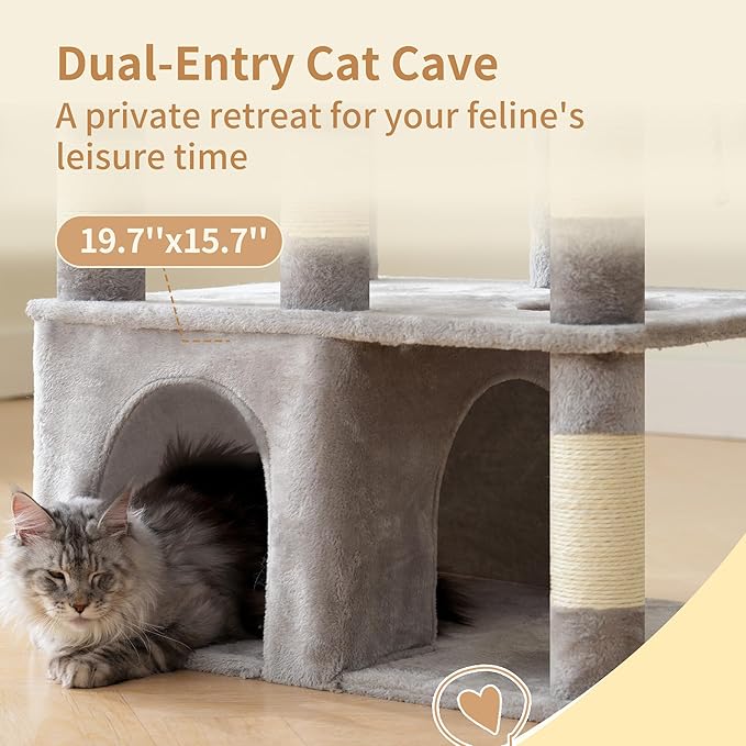 Heybly Heavy Duty Cat Tree, 71-Inch Tall Tower for Large Maine Coon with Extra-Large Baseboard, Cat Condo Furniture with Multi-Level Platforms, 2 Hammocks and 12 Scratching Posts, Light Gray HCT037W