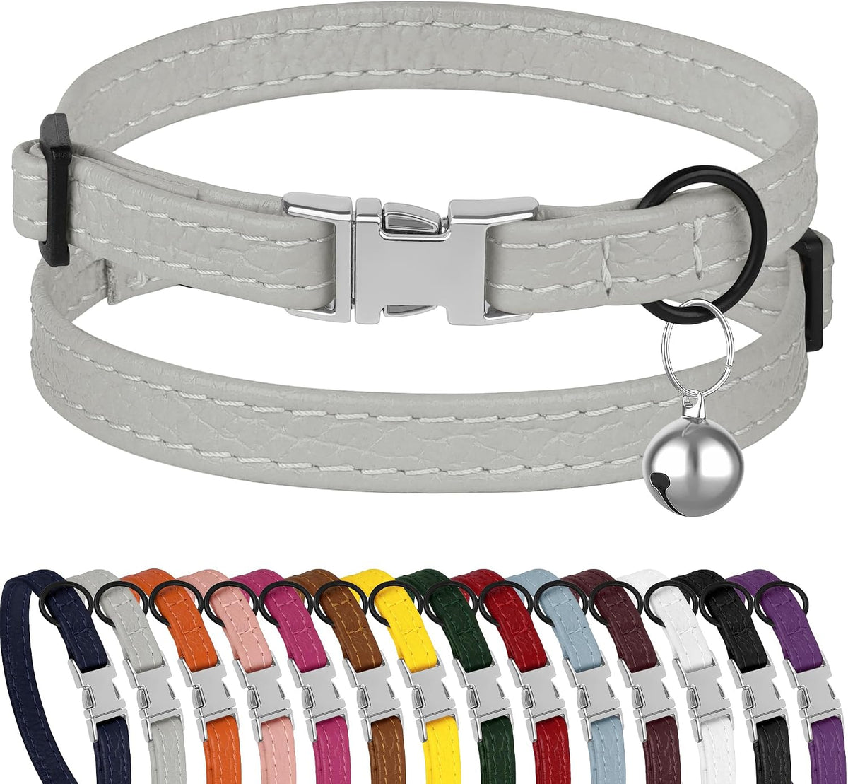 Leather Cat Collar with Buckle and Removable Bell - Gray