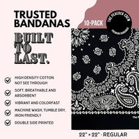 Premium Soft Cotton Bandanas Pack for Men and Women Paisley 22 x 22 - Pack of 10 Black White - image 2