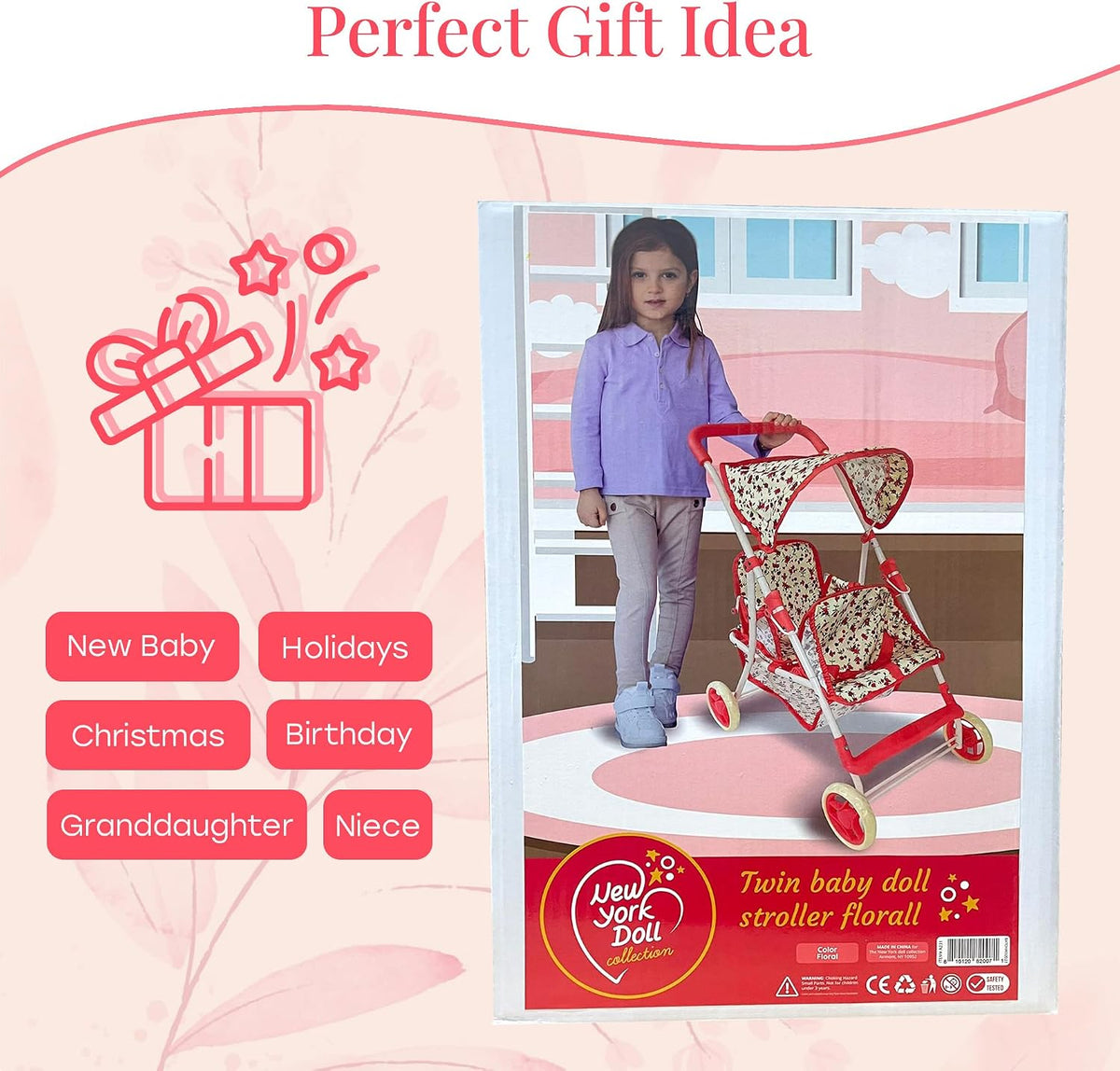 Double Baby Doll Stroller for Twin Dolls - Floral - image 4