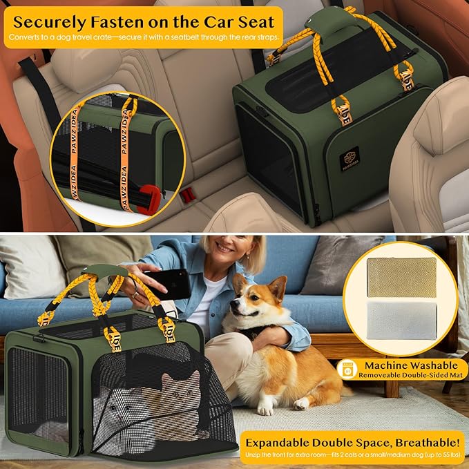 PAWZIDEA Expandable Pet Carrier with Wheels, 24x16x16in Large Cat Carrier for 2 Cats, Soft-Sided Dog Carriers for Small Medium Dog, Collapsible Rolling Travel Bag w/Telescopic Handle, XL Stroage Bag