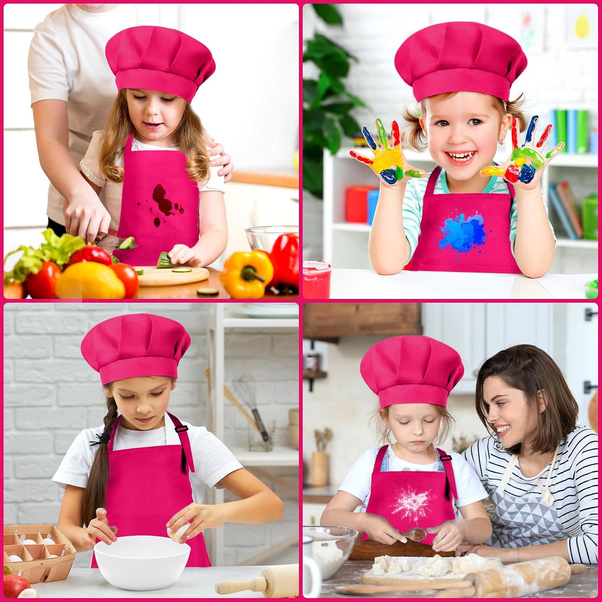 Kids Apron and Chef Hat Set Adjustable Child Art Aprons with 2 - K-rose Red / Large - image 3