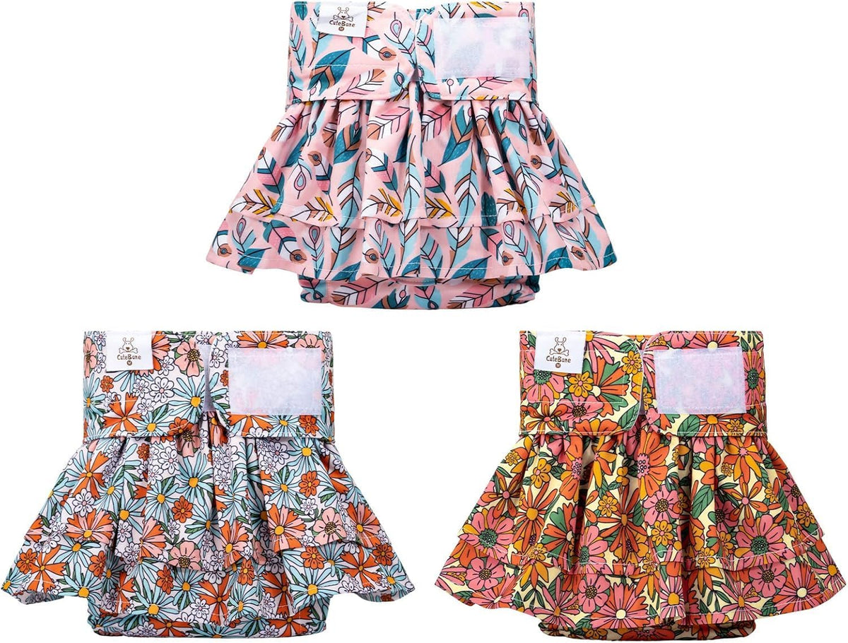 CuteBone Female Dog Diapers with Skirts 3 Pack Reusable Puppy Dresses - Feather&flowers skirts 3pcs / XS