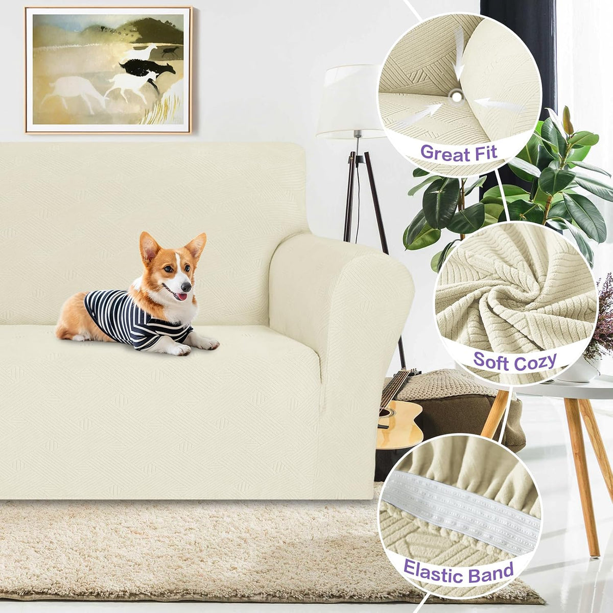 Super Stretch Couch Cover Universal Sofa Covers with Elastic Bottom - - Beige / Large (72"-92") - image 4