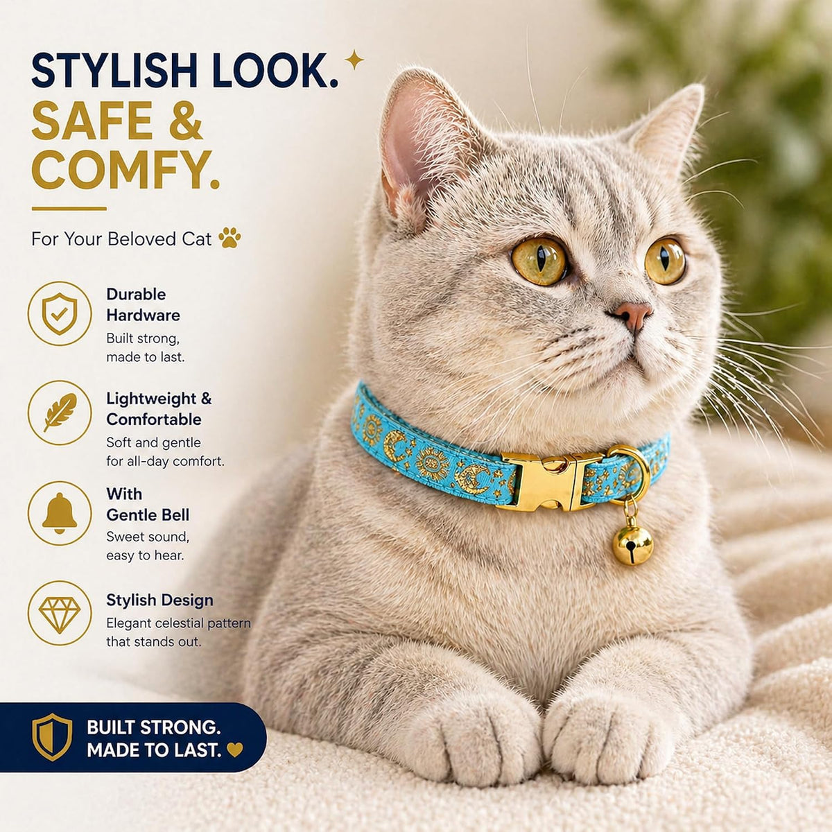 Cat Collar with Bell for Kittens & Cats, Moon & Stars Design – Essentials for Cats - Ocean Blue Collar / X-Small (Pack of 1) - image 2
