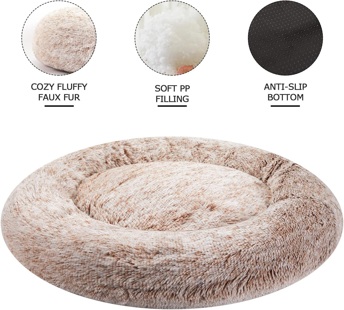 Calming Fluffy Donut Dog Bed for Large Dogs, 36" Round - 45.0"L x 45.0"W x 10.0"Th / Brown - image 3