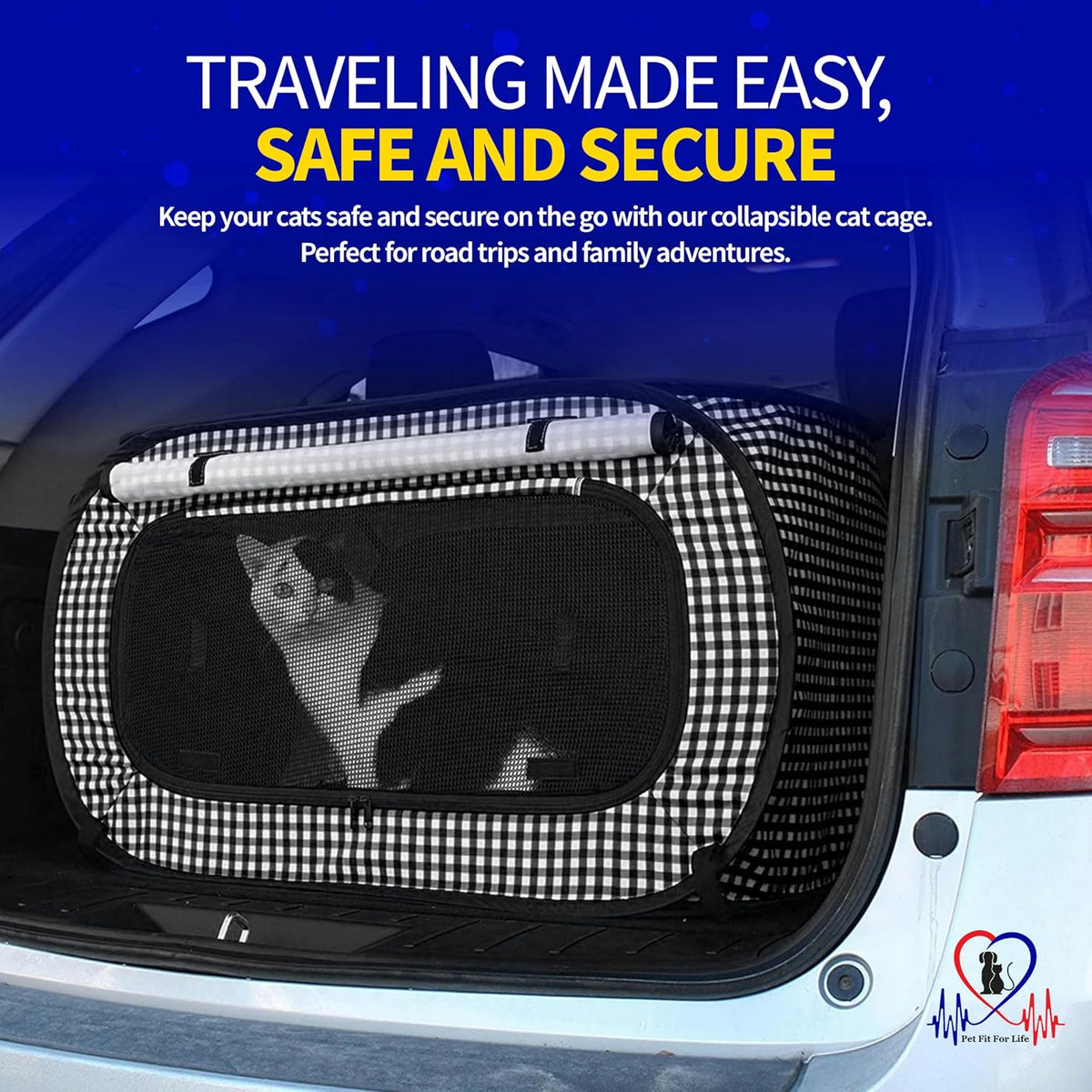 Extra Large Cat Carrier for Travel, Blue Checkers - Black - image 2