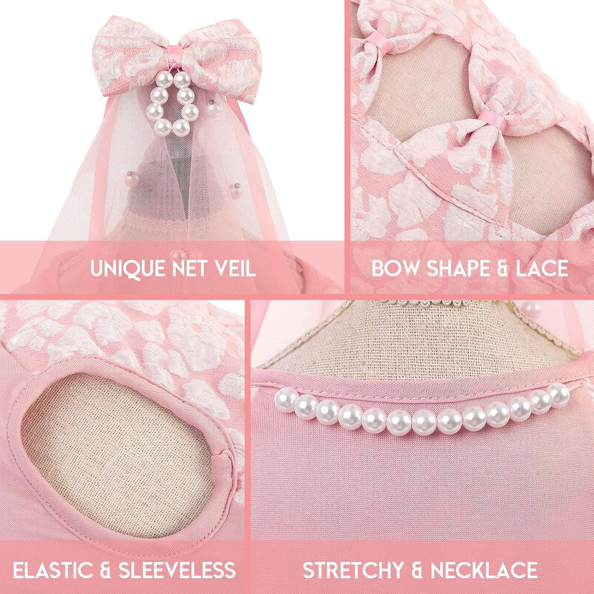 ASENKU Dog Dress, Dog Wedding Dress with Bows, Veil Attachment - Pink / Small - image 3