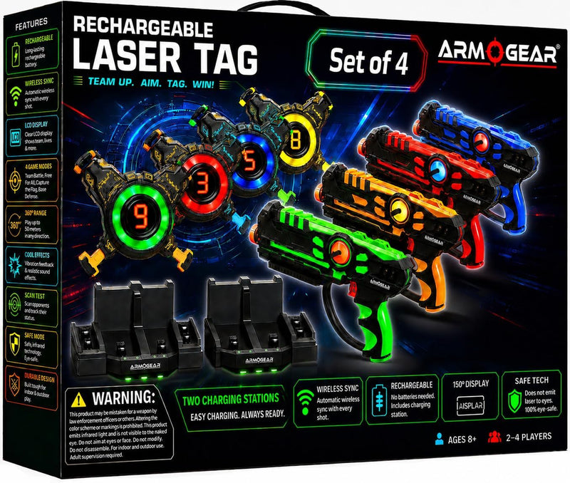 ArmoGear set of 4 laser tag blasters with target vests, 150 ft range