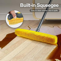 NEWE Rubber Pet Hair Removal Broom with Lint Fur Remover Tool, 57.5 inches Long Handle Silicone Carpet Brush Rake with Built-in Squeegee for Cleaning Rug, Tile, Floor (Gray Yellow)