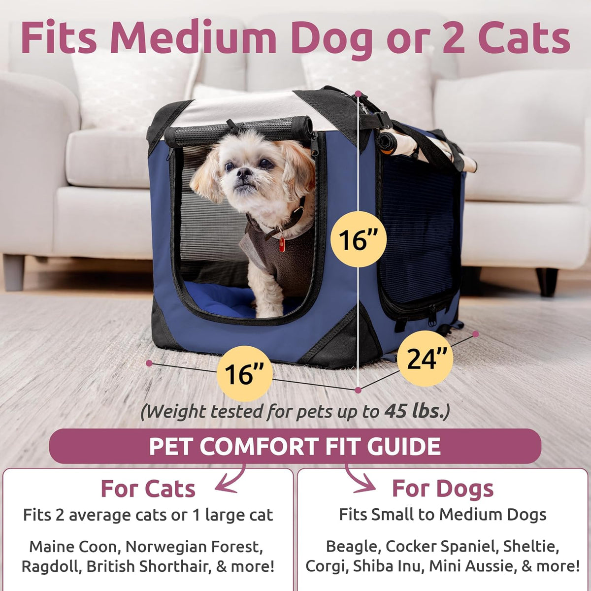 Cat & Dog Pet Carrier, Fits 2 Cats or Medium Dog Comfortably - Navy / Large - image 3