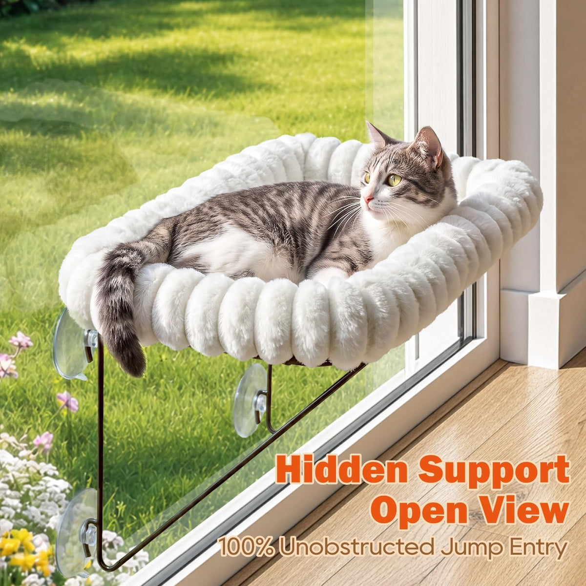 Zakkart Cat Window Perch, 100% Metal Supported from Below – Essentials for Cats - Cream White Striped Bed - image 3