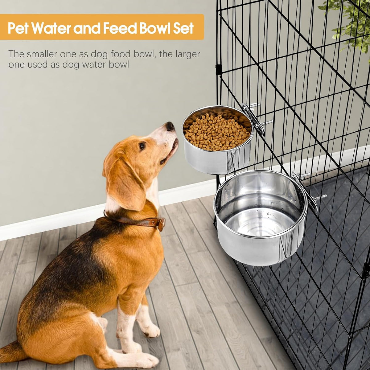 2 Pcs Stainless Steel Small Dog Crate Food Water Bowl - L (56 & 41 OZ) / Silver - image 3