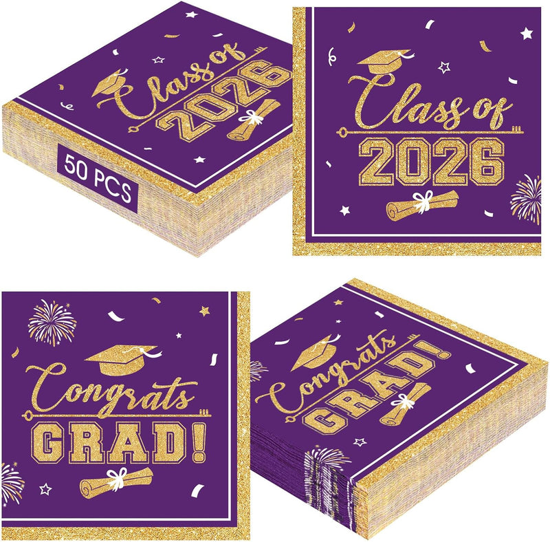 PERFQU Class of 2026 graduation napkins in blue and gold with cap and tassel design
