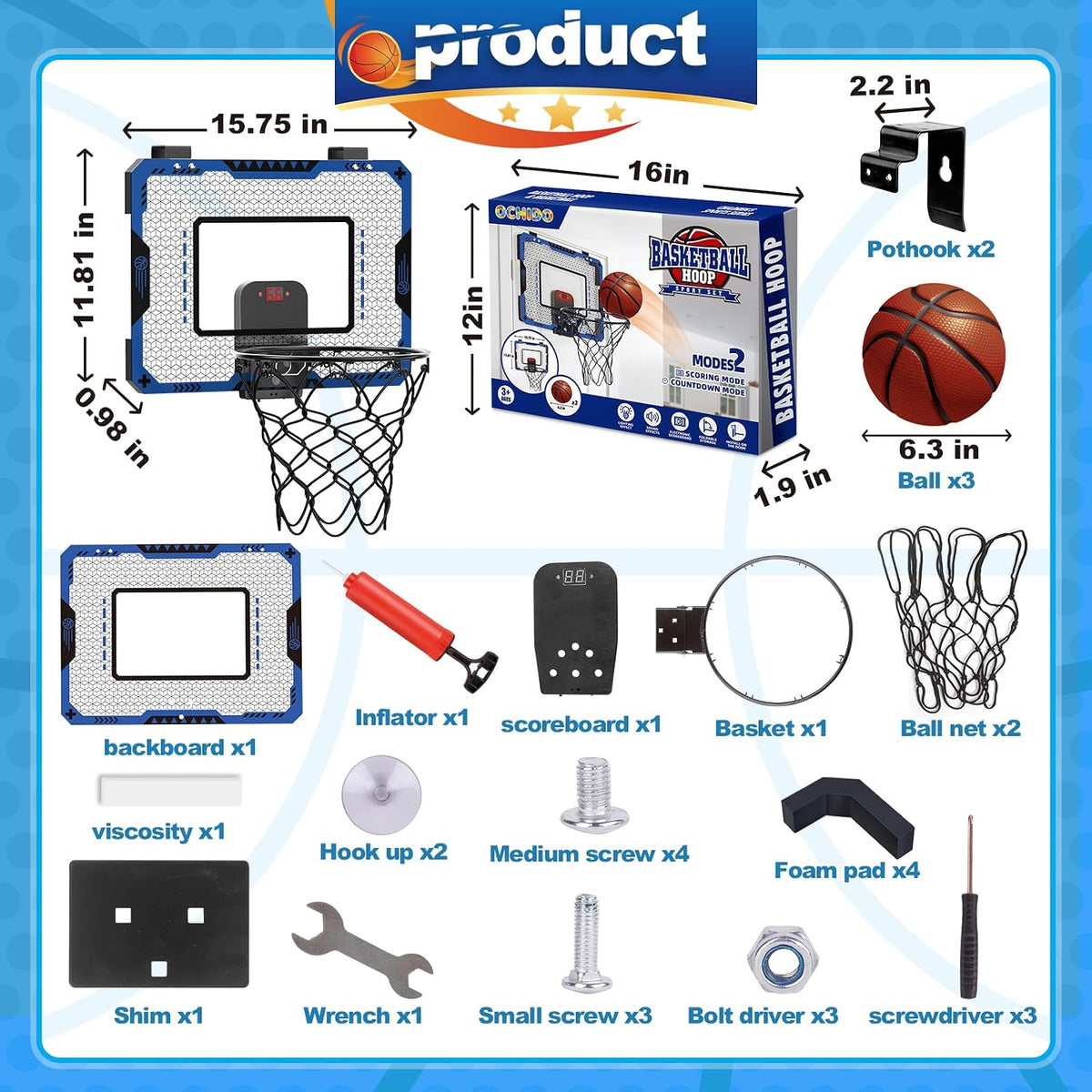 Indoor Basketball Hoop with Electronic Scoreboard & Balls for Kids - Indoor Basketball Hoop-blue - image 2