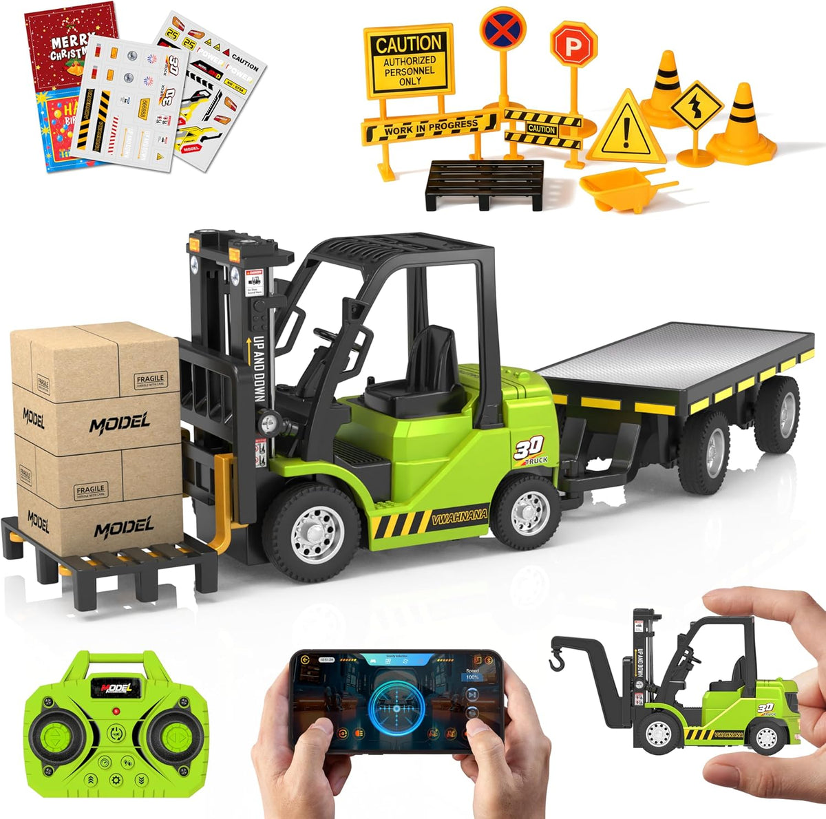 1:24 RC Forklift Toy for Kids - Green / 1:64 Scale with Trailer (9.06 x 1.57 x 2.56 inch)