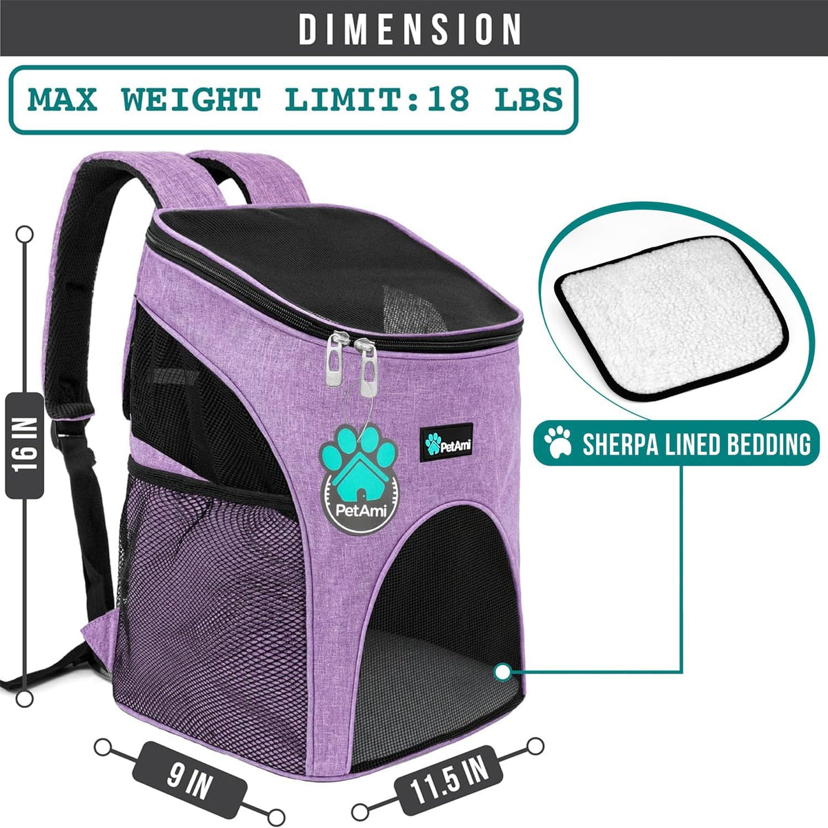PetAmi Cat Backpack Carrier for Small Dogs and Large Cats - Heather Purple - image 2