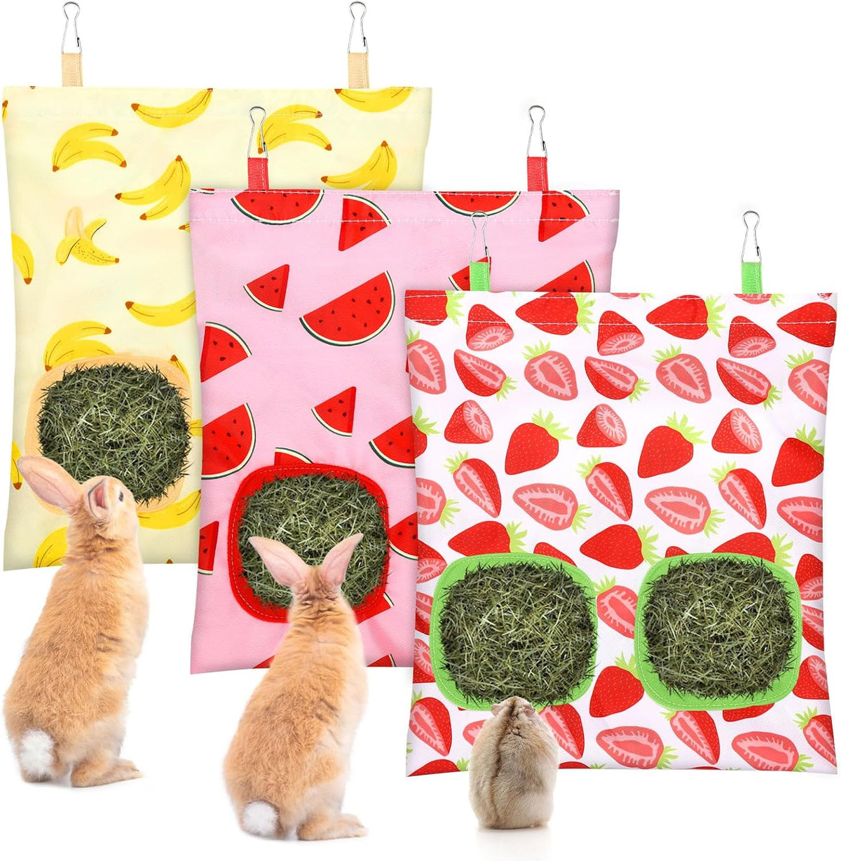 UPINS 3Pack Guinea Pig Hay Feeder Bag - Red Pink Yellow