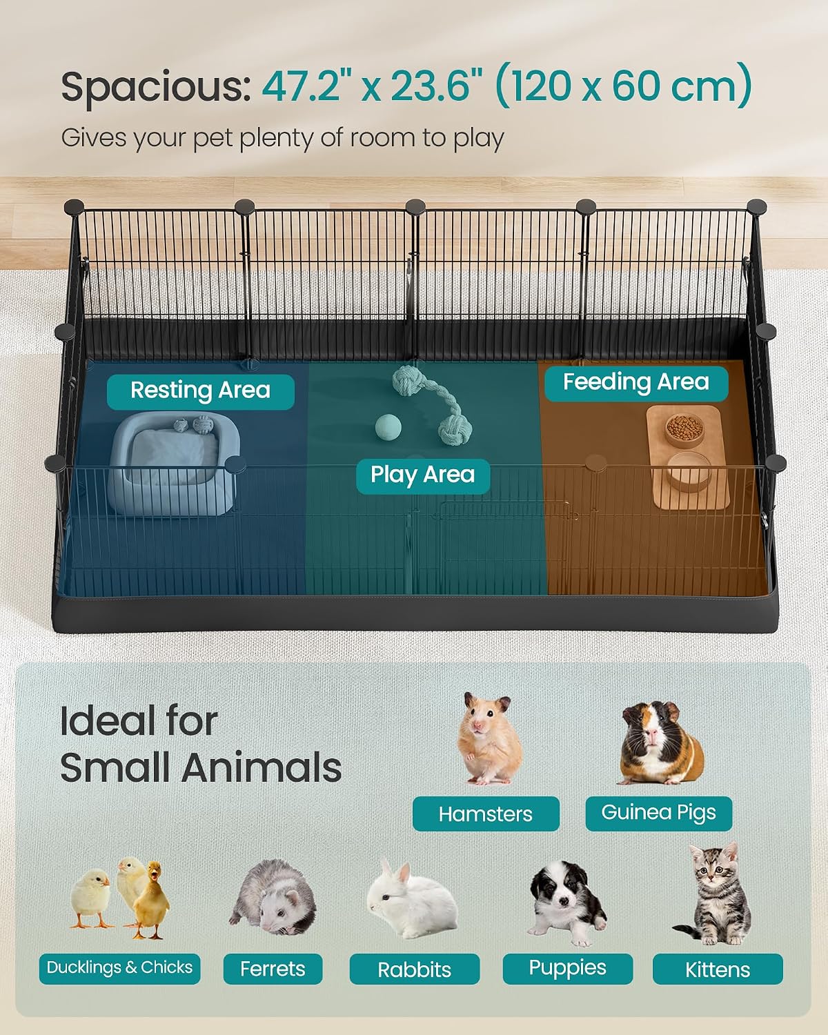 SONGMICS Pet Playpen with Floor, Small Animal Playpen – Essentials for Small Pets - Black / 12 Panels - 47.2"L x 23.6"W x 15.7"H - image 3