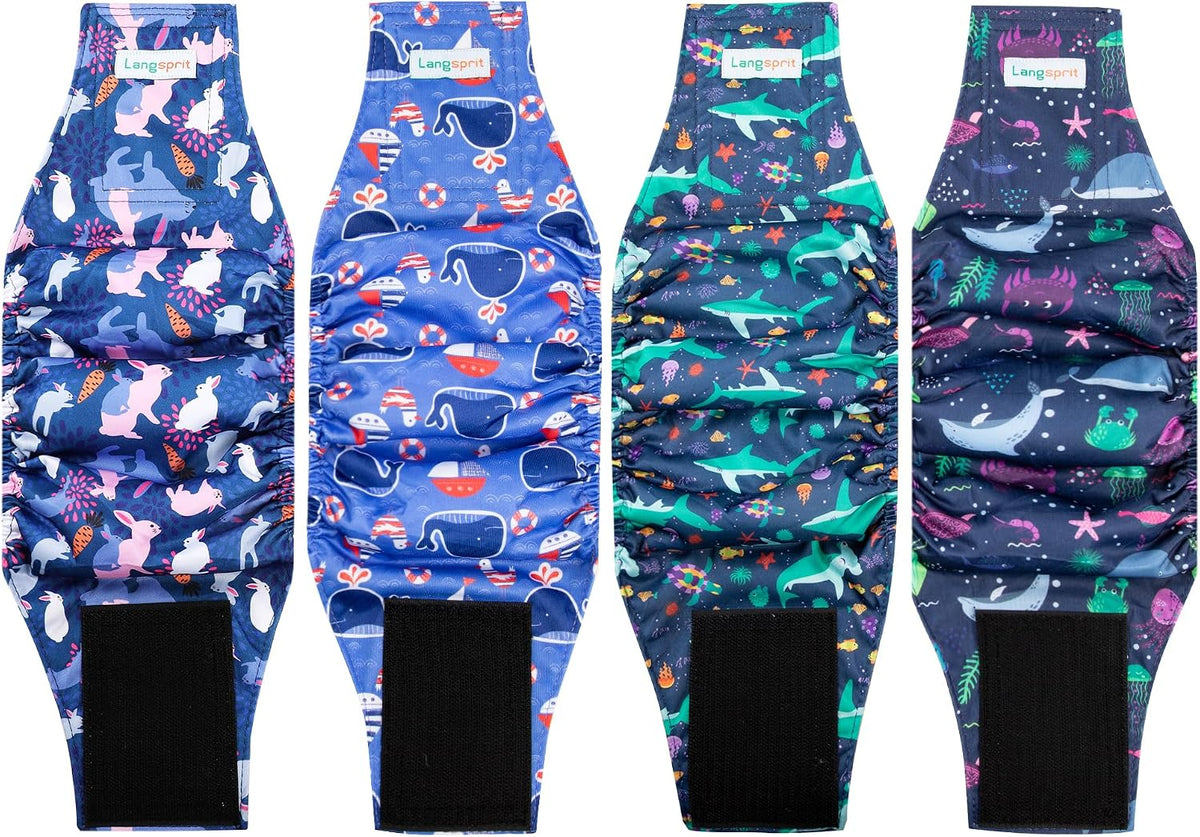 Langsprit Small Male Dog Diapers for Doggie Puppy - Shark，Tortoise，Rabbit，Whale / Medium / 4