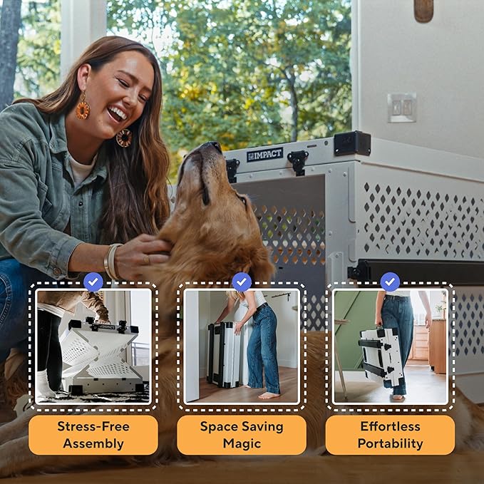 Impact Collapsible Dog Crate - Foldable Hard Crate for XXL Dogs - Heavy Duty Travel Kennel with Powder-Coated Aluminum - Quick Setup for Indoor & Outdoor (White, 48" (48" L x 27" W x 33" H))