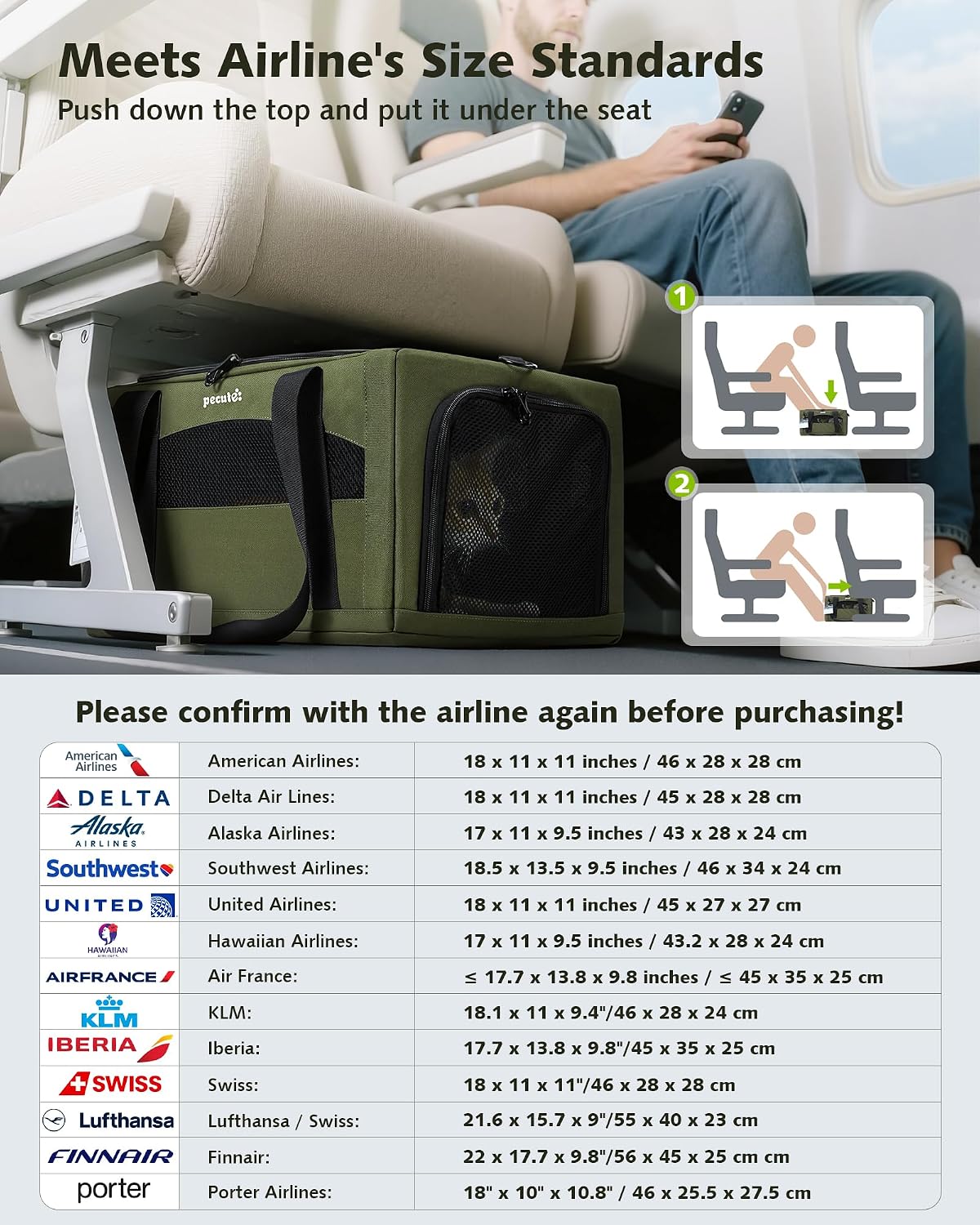 Pecute Expandable Airline Approved Pet Carrier for Cats & Dogs - Olive Green / Top & Side Expandable - image 3