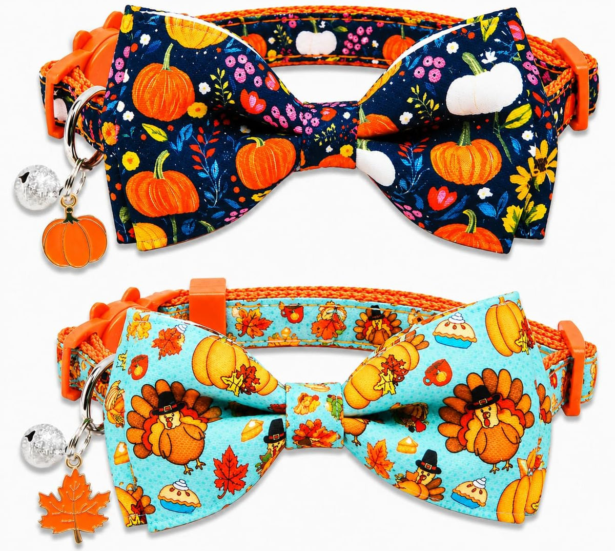 2 Pack Halloween Cat Collars with Bells, Breakaway - Pumpkin & Thanksgiving Turkey