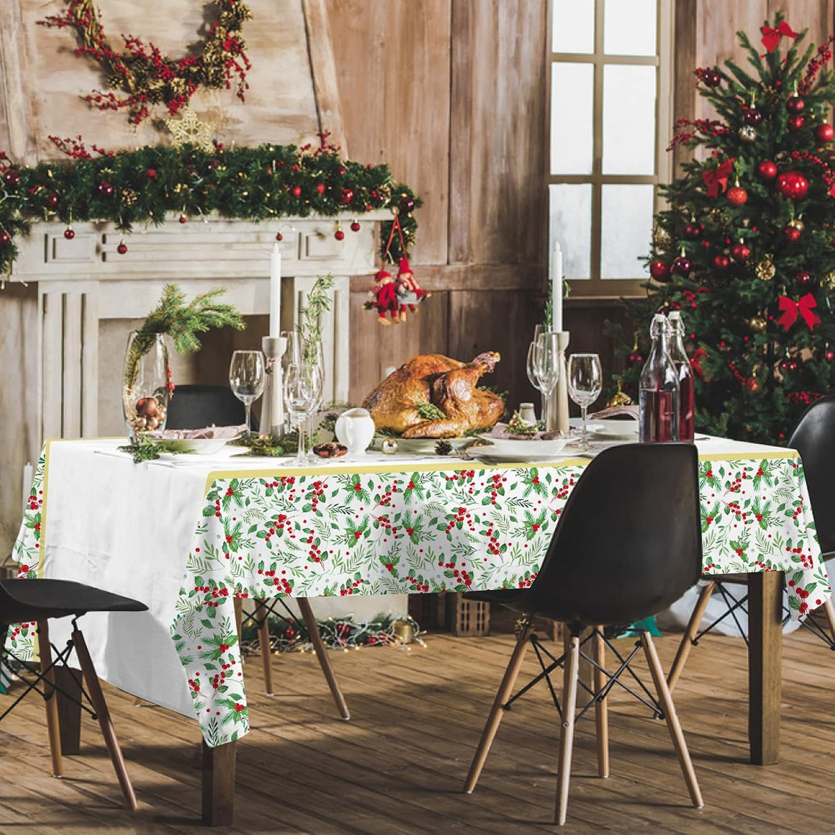Fall Thanksgiving decorations, Disposable Tablecloth - Christmas Seasonal Holly - image 3