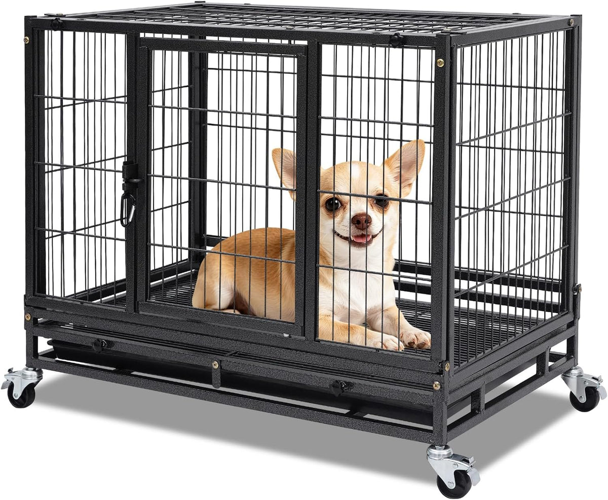 Homey Pet 31 inch stackable metal dog crate with wheels, two doors and pull-out tray