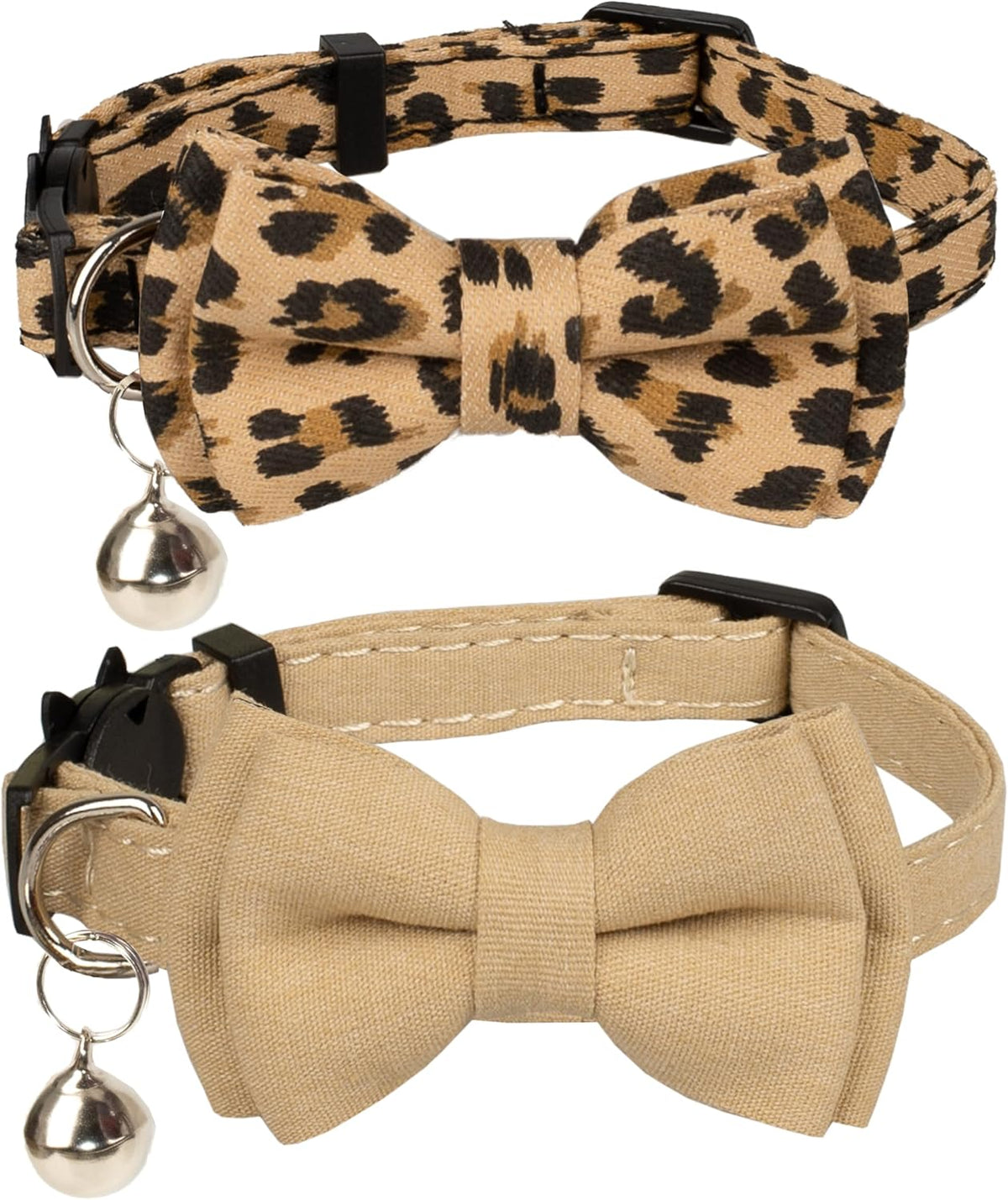 Collar for Cat Pet Breakaway with Bell Bowtie Detachable Bow - Leopard & Pure-Beige
