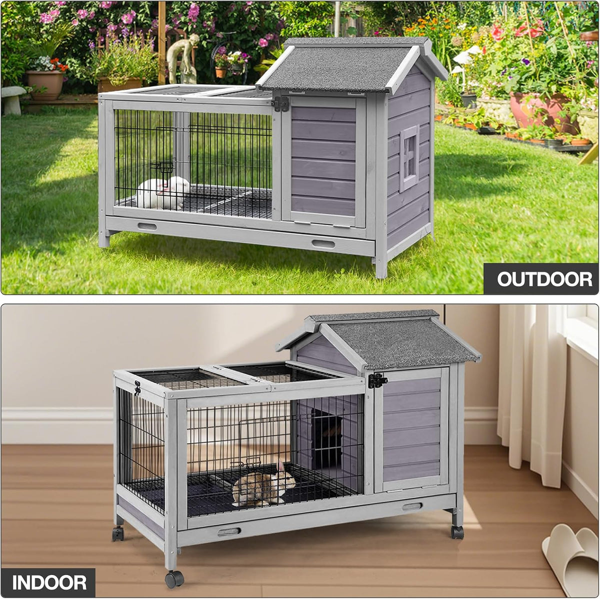 Wooden Rabbit Hutch Indoor and Outdoor - Grey - image 4