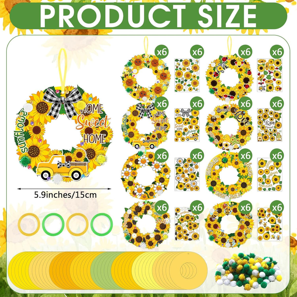 Hollowfly Thanksgiving paper wreath craft kits with gem stickers, ribbons and wool balls - view 21