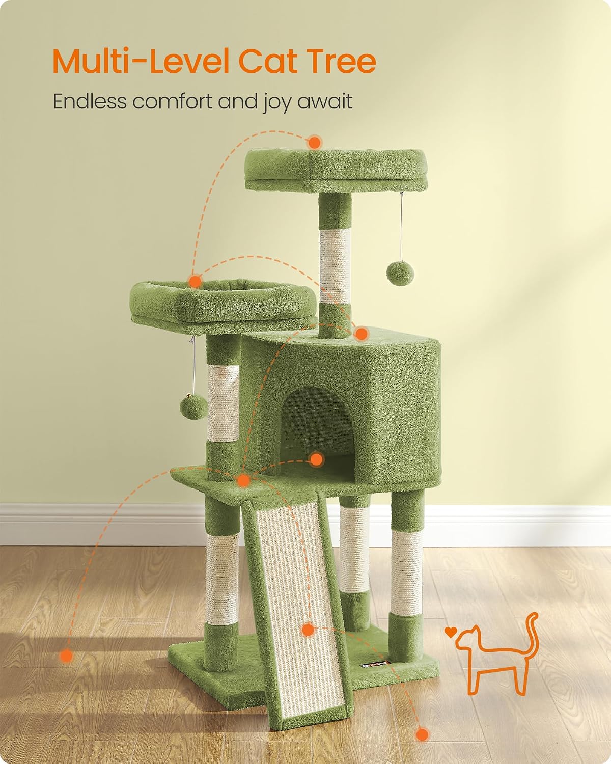 Feandrea Cat Tree, Plush Climbing Condo, Green - Grass Green - image 4