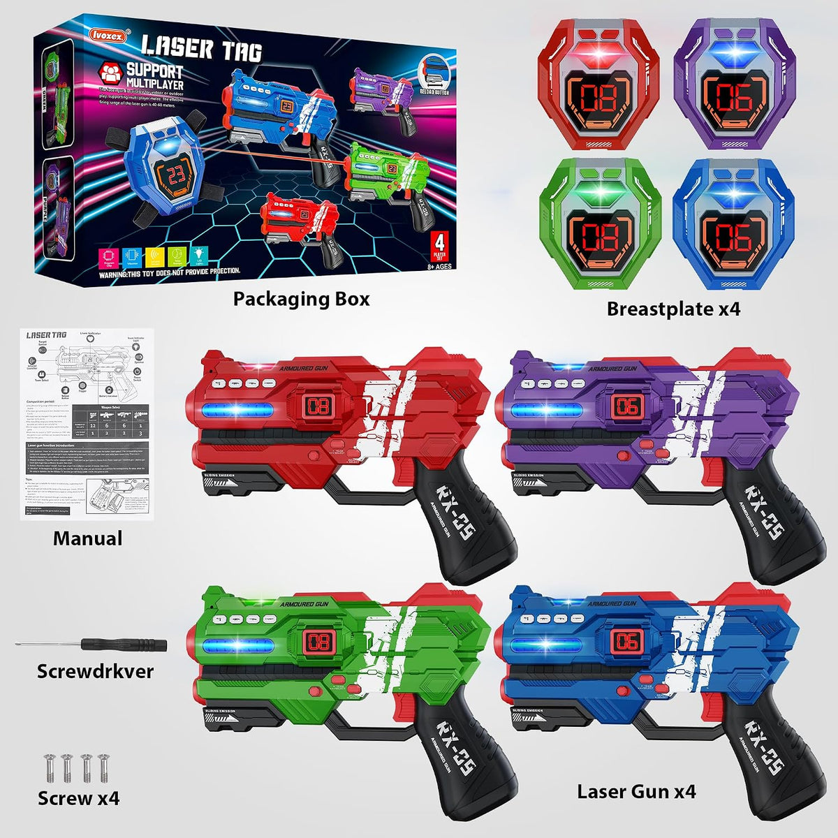 Laser Tag Guns Set of 4 Laser Tag Guns with Digital LED Score Display - Red Purple Green Blue - image 2