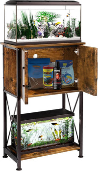 5-10 Gallon Fish Tank Stand, Metal Double Aquarium Stand with Cabinet for Fish Tank Accessories Storage, Heavy Duty 20.5" L* 11.02" W Tabletop, 500LBS Capacity Rustic Brown and Black PG06YGN