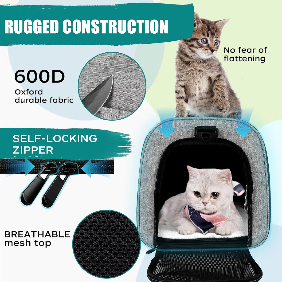 Top tasta Dog Cat Carrier Pet Carriers for Small Medium Large Cats - 18.0"L x 11.5"W x 11.5"H / Grey&Black - image 3
