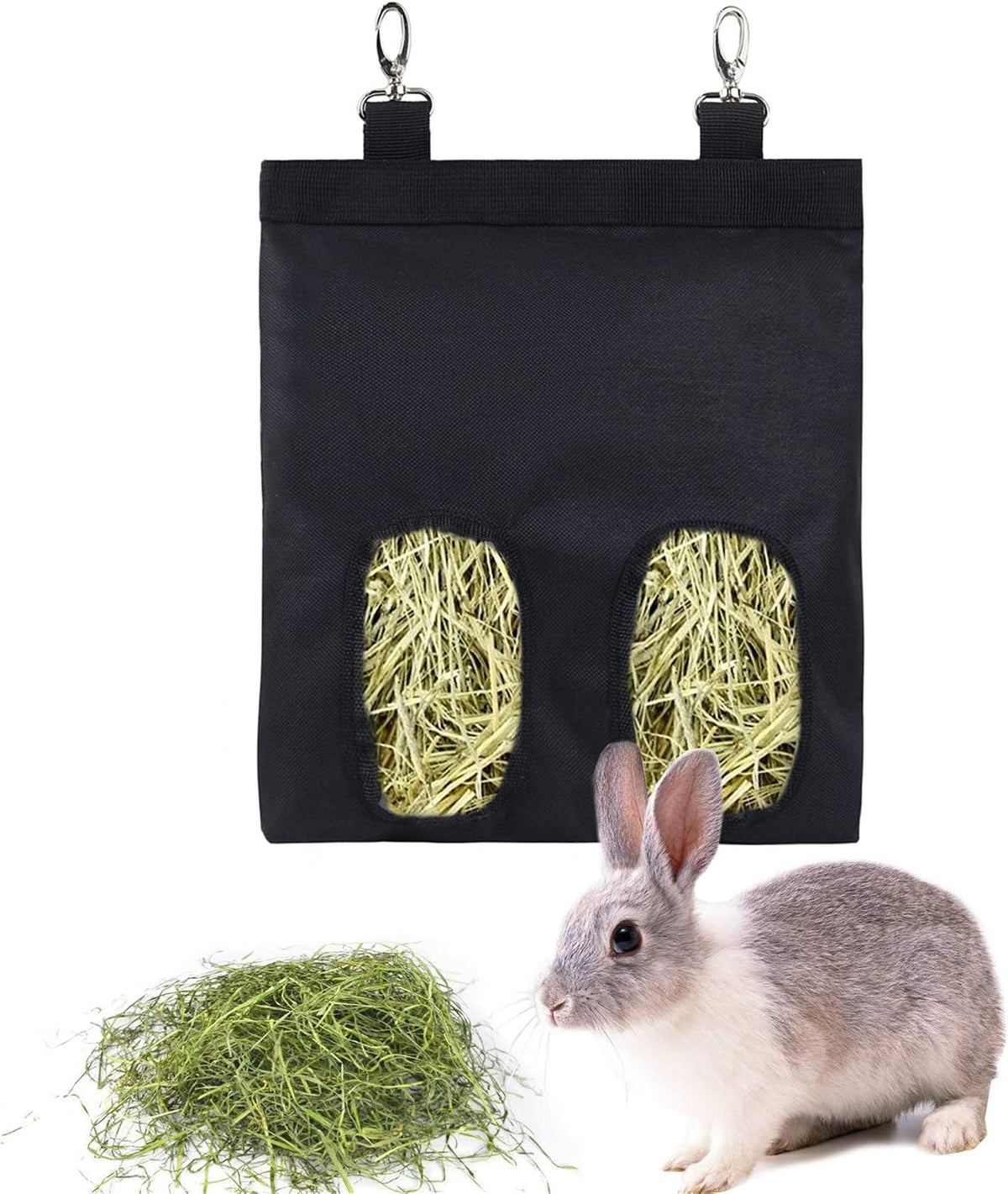 Rabbit Hay Feeder Bag Hanging Hay Rack – Essentials for Small Pets - 2 Windows / Black