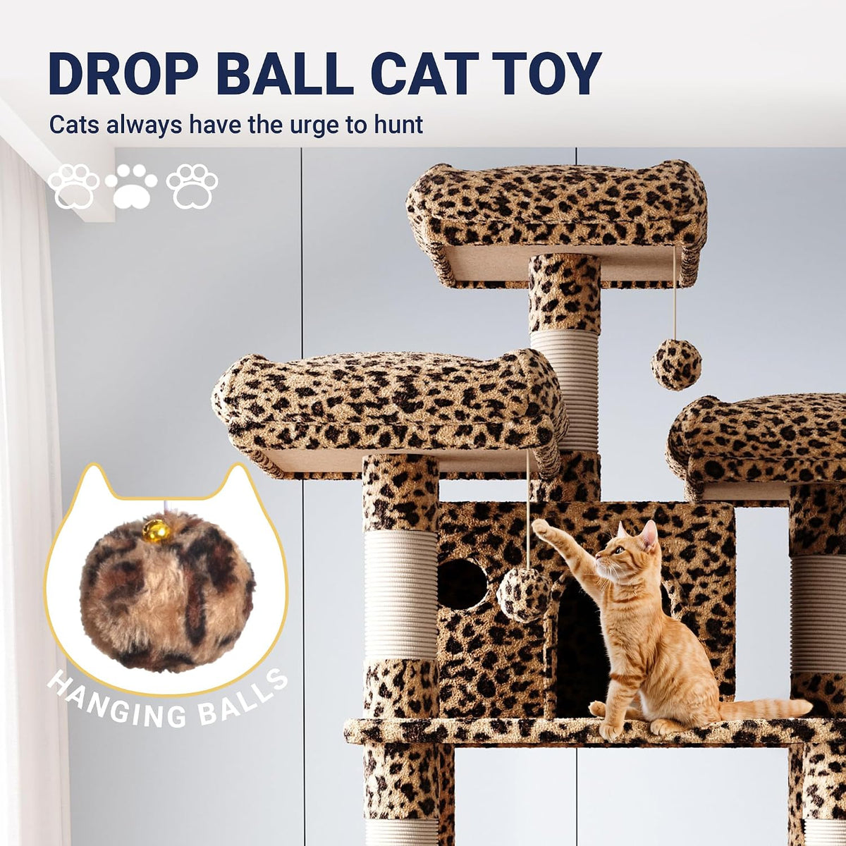 Allewie 68 Inches Cat Tree/House and Towers for Big Feline/Scratching - 82 in / Leopard Print - image 3