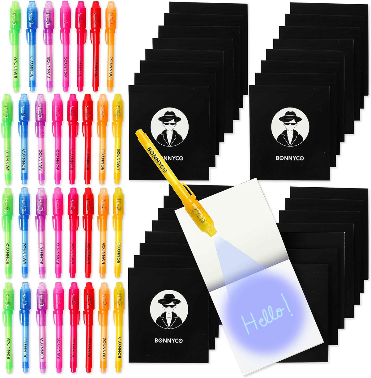BONNYCO Invisible Ink Pen and Notebook Pack of 16 Party Favors - Spies - Pack 32