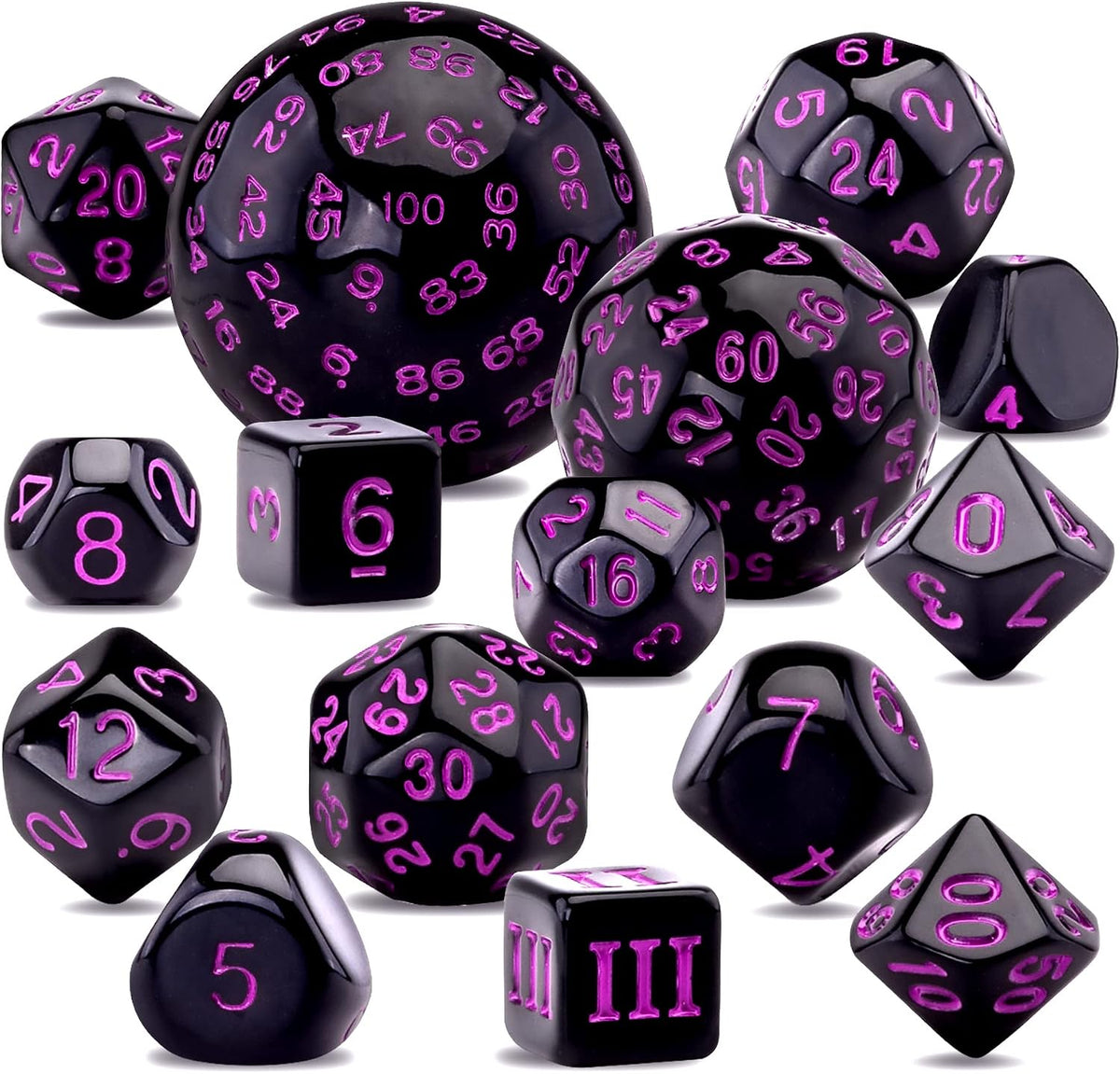 AUSTOR 15 Pieces Complete Polyhedral Dice Set D3-D100 Game Dice Set – Fun for Kids & Family - Black & Purple